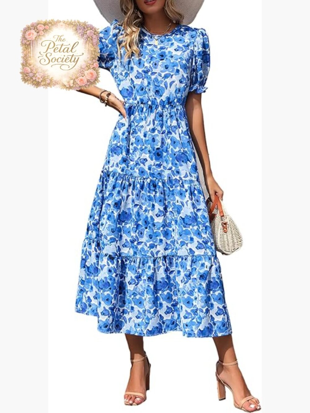 Floral Boho Midi Dress Puff Sleeve Casual Summer Dress Women's